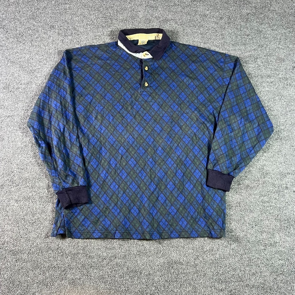 Vintage World Island Rugby Polo Shirt Men Large Blue Green Argyle Diamond Preppy